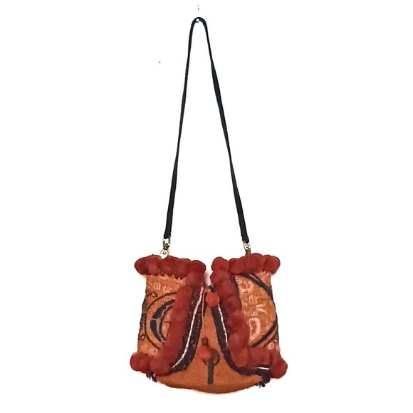 Bohemian Orange and Red Pom-Pom Shoulder Bag - Picture 4 of 16